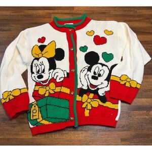 Vintage Mickey & Minnie sweater.  Kid sz 10-12.  Metal heart buttons. Nostalgic